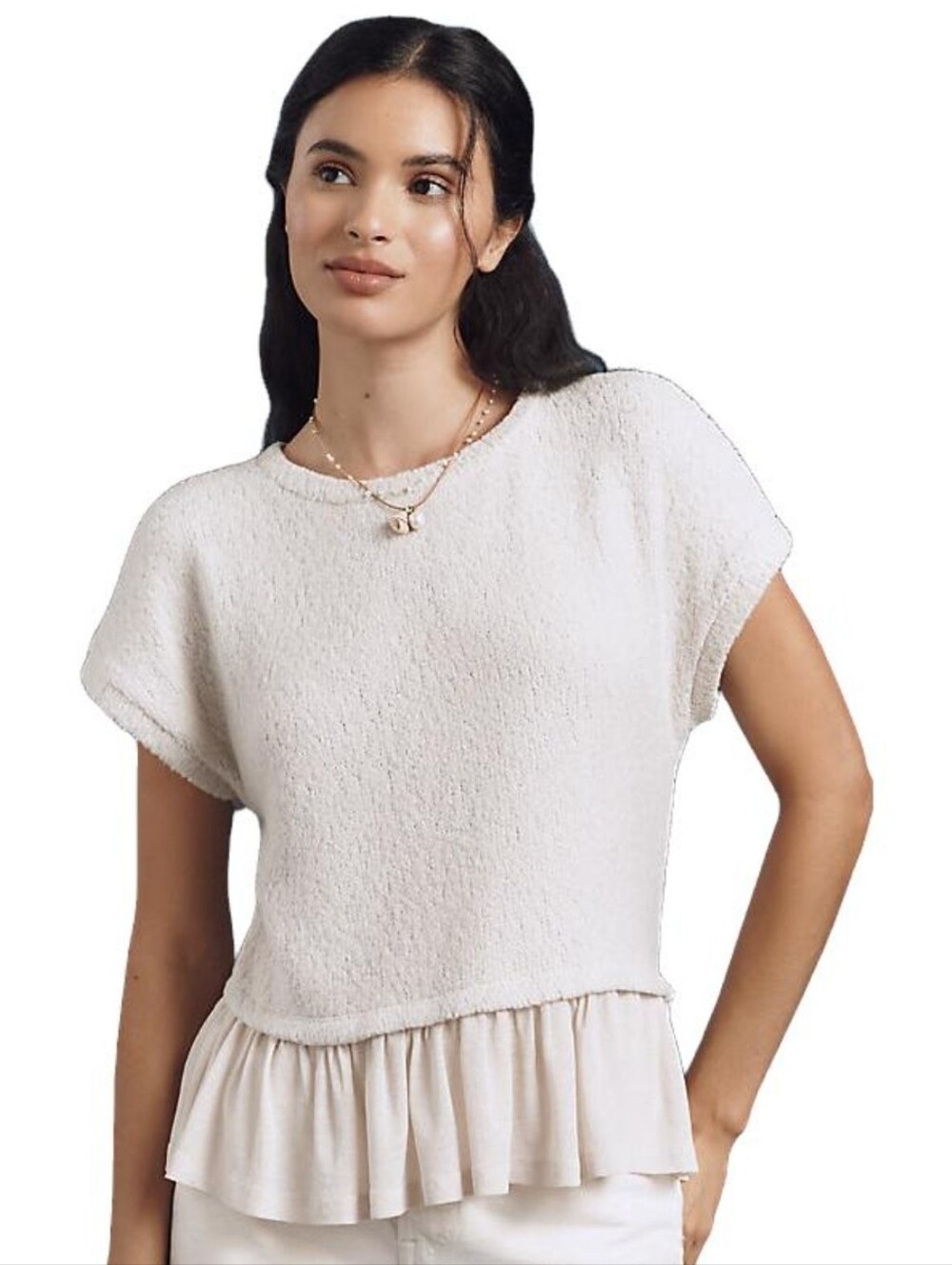 Anthropologie Pilcro Short-Sleeve Sweater Twofer Top in Cream Size XS Brand New